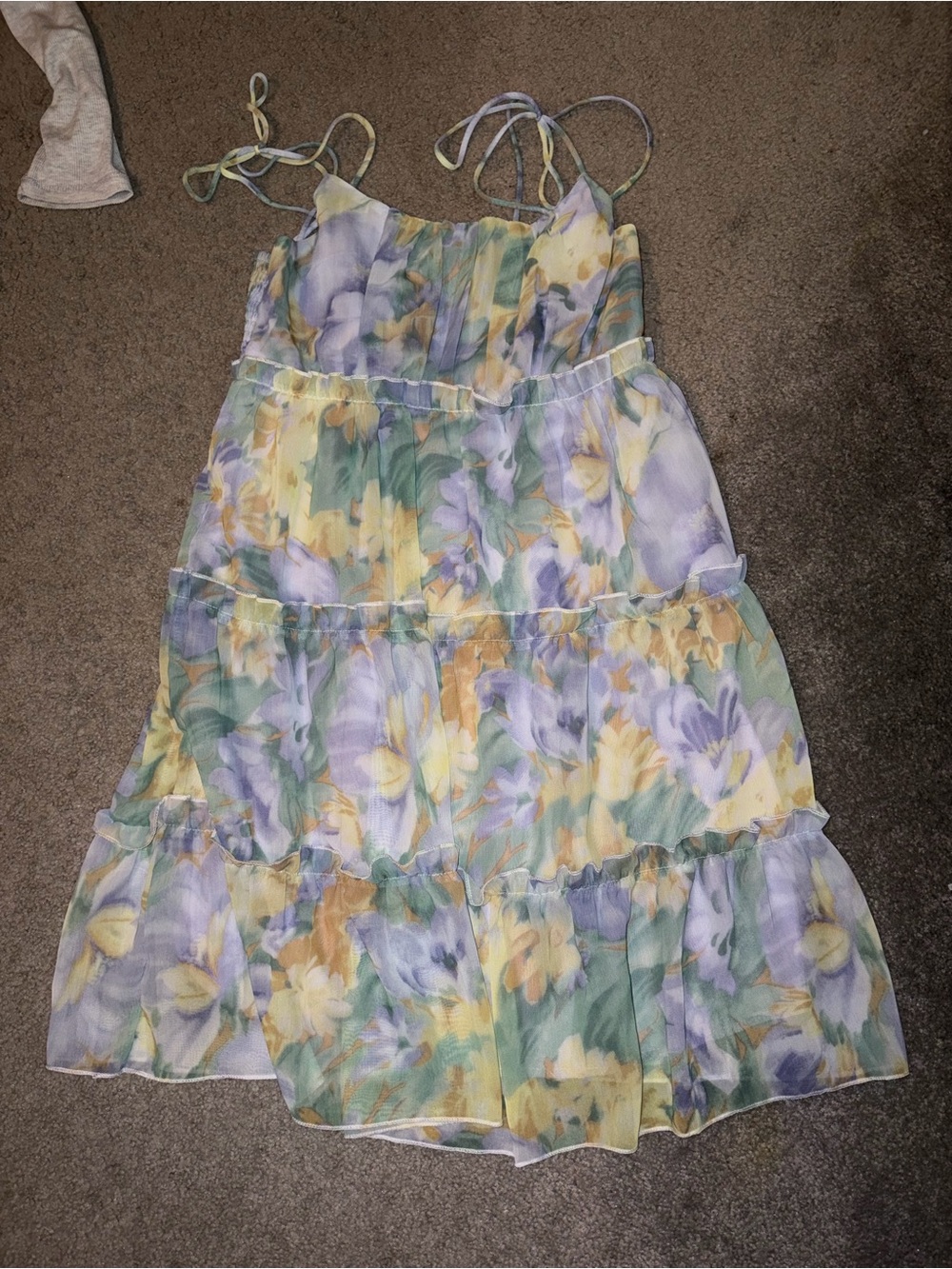 Floral Tiered Spaghetti Strap Dress in Pastel Yellow, Lavender & Sage